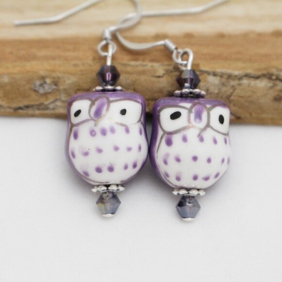 Purple Hand Painted Porcelain Owl Earrings - Handmade & Hypoallergenic - Picture 1 of 6